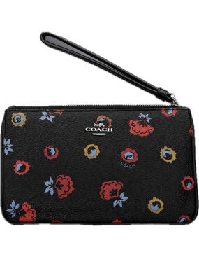 Coach Rare Floral Pebble Leather Wristlet Wallet Black Multi Zip Pouch - EUC